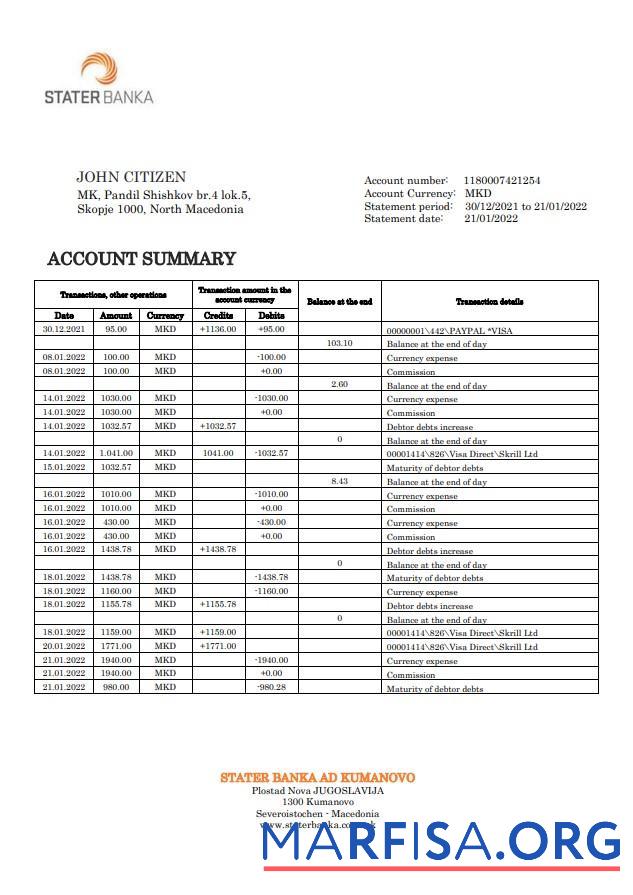 Downloadable North Macedonia Stater Banka bank statement word download for verification